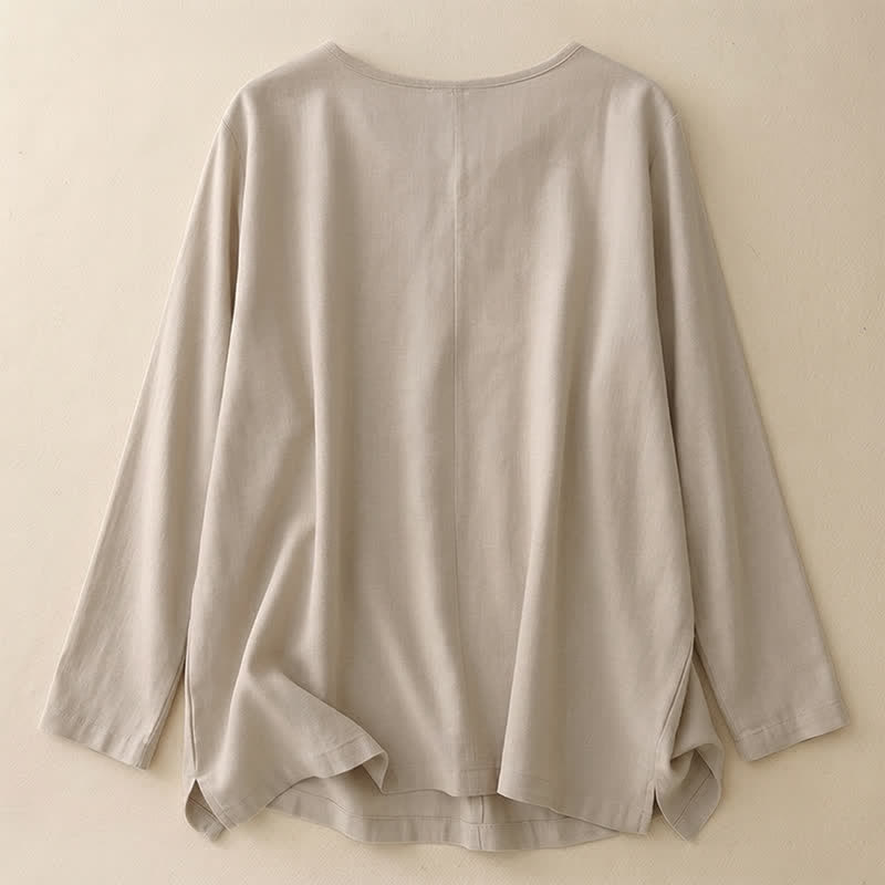 Buddha Stones 春秋カジュアルシンプル無地クルーネックデザインコットンレディース長袖Tシャツ - image 1