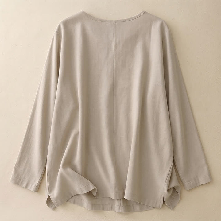 Buddha Stones 春秋カジュアルシンプル無地クルーネックデザインコットンレディース長袖Tシャツ - image 1