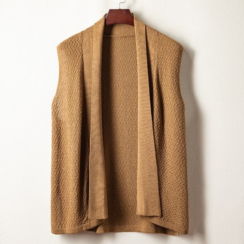 Buddha Stones 秋のカジュアルミニマリストサイドスリット無地ニットタンクトップメンズ着物 - タン - US/UK/AU42、 EU52 (3XL) - image 0