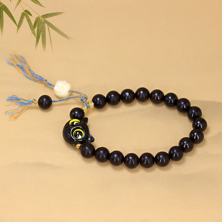Buddha Stones 黒檀の猫チャーム付き編み込みラウンドバランスブレスレット - image 3