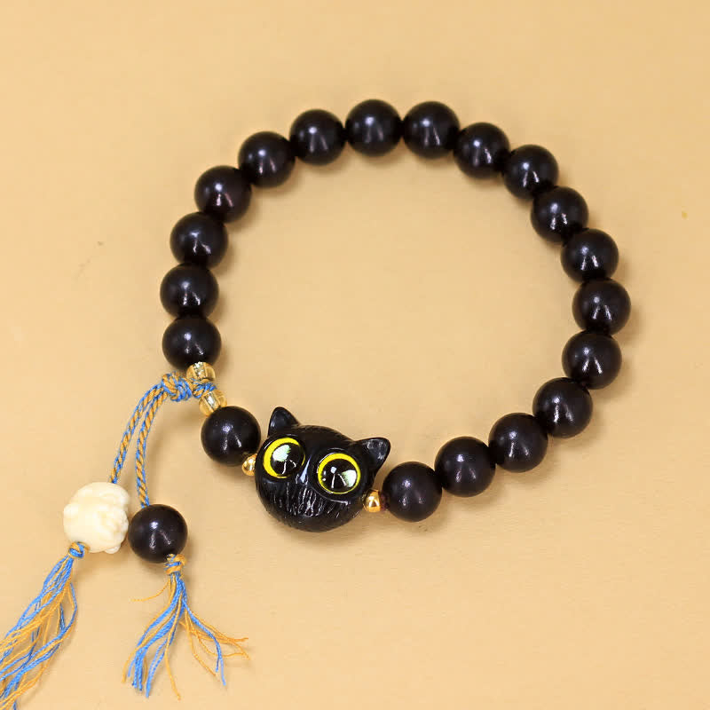 Buddha Stones 黒檀の猫チャーム付き編み込みラウンドバランスブレスレット - image 2
