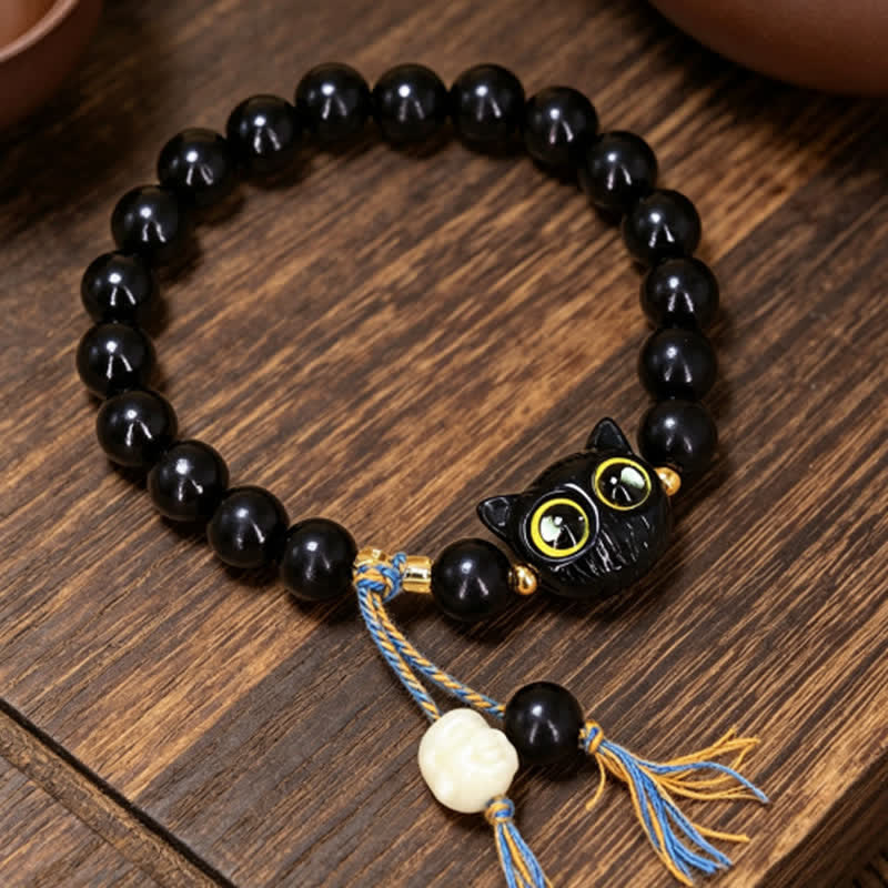Buddha Stones 黒檀の猫チャーム付き編み込みラウンドバランスブレスレット - 黒檀（バランス♥穏やかさ） - image 0