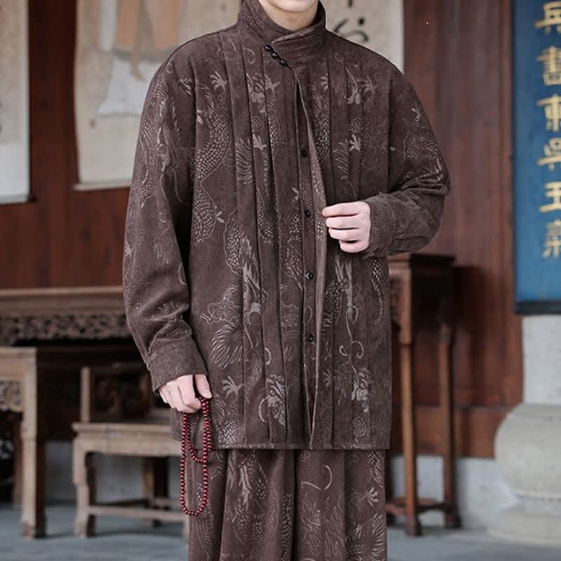 Buddha Stones 秋冬カジュアル唐草スタイルマンダリンカラー抽象柄コーデュロイメンズジャケット - image 1