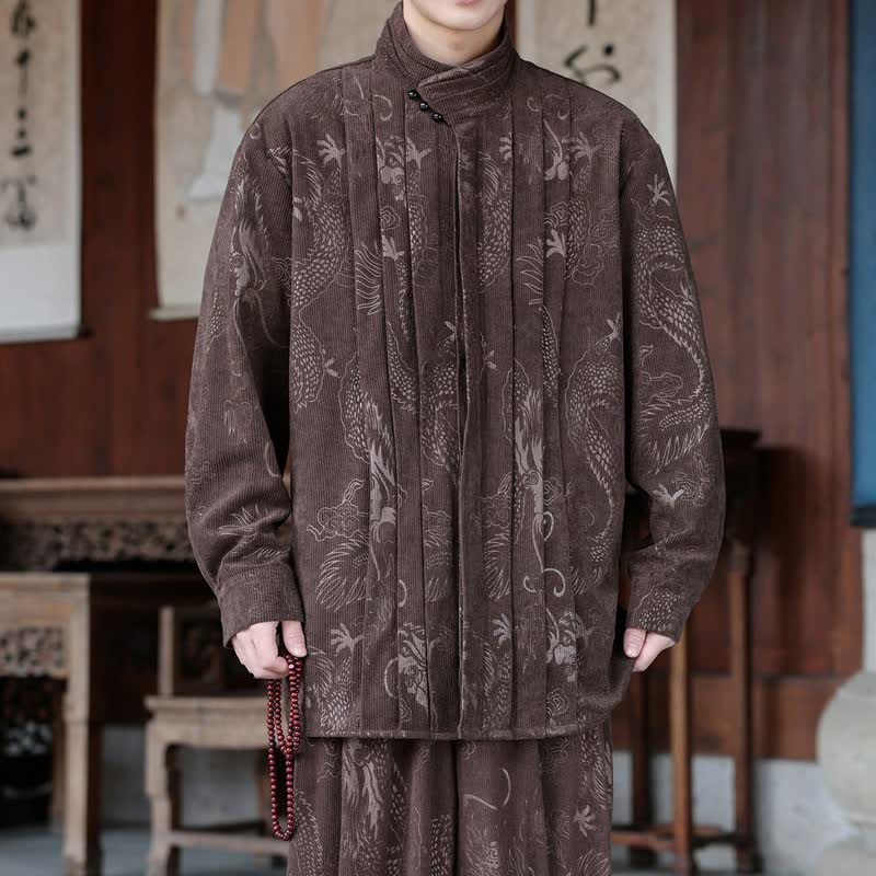 Buddha Stones 秋冬カジュアル唐草スタイルマンダリンカラー抽象柄コーデュロイメンズジャケット - サドルブラウン - US/UK/AU46、 EU56 (5XL) - image 0