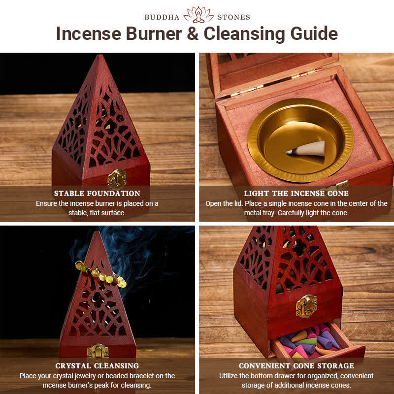 Buddha Stones天然木製正方形儀式用ボックス浄化香炉 - image 5