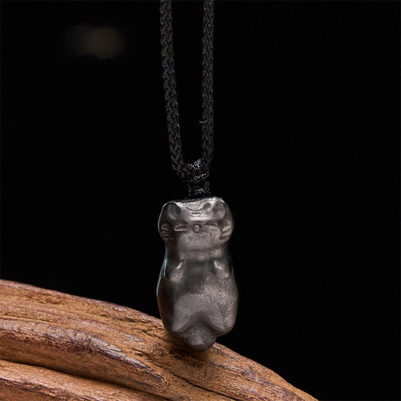 Buddha Stones シルバーシーンオブシディアンキャットペンダントグラウンディング編み込みコードネックレス - シルバーシーンオブシディアン（グラウンディング♥直感） - image 0