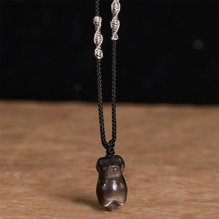 Buddha Stones シルバーシーンオブシディアンキャットペンダントグラウンディング編み込みコードネックレス - image 2