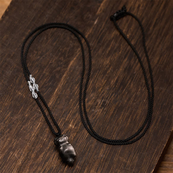 Buddha Stones シルバーシーンオブシディアンキャットペンダントグラウンディング編み込みコードネックレス - image 1