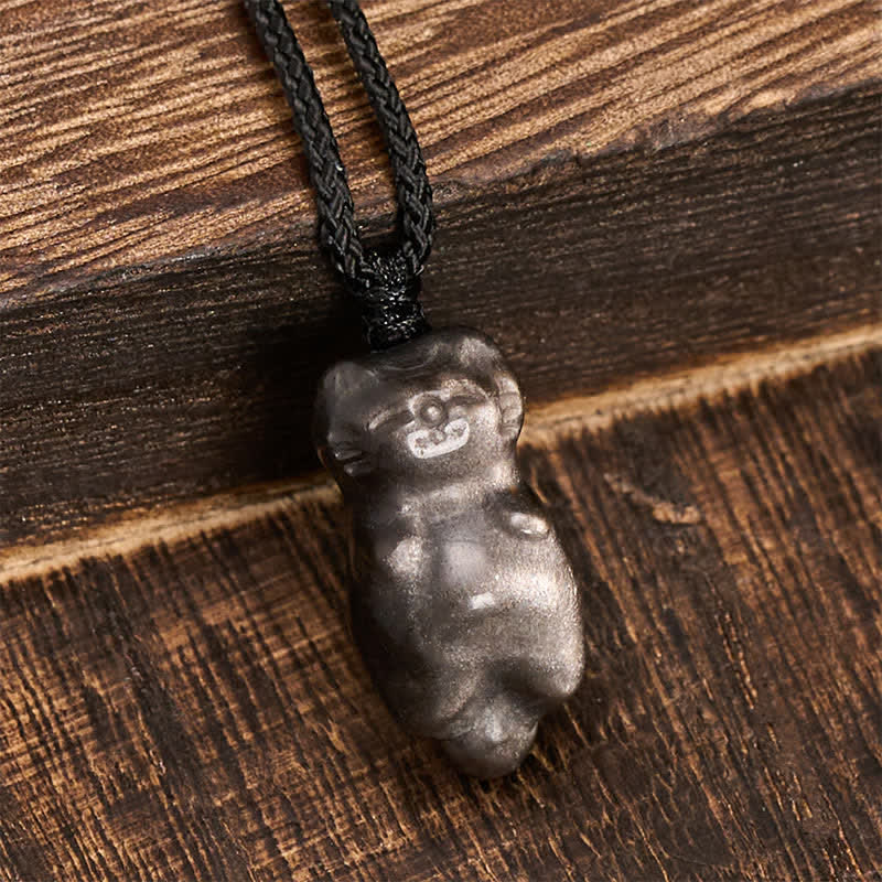 Buddha Stones シルバーシーンオブシディアンキャットペンダントグラウンディング編み込みコードネックレス - image 3