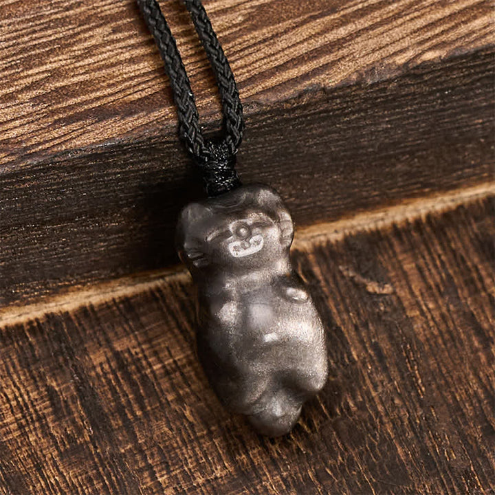 Buddha Stones シルバーシーンオブシディアンキャットペンダントグラウンディング編み込みコードネックレス - image 3
