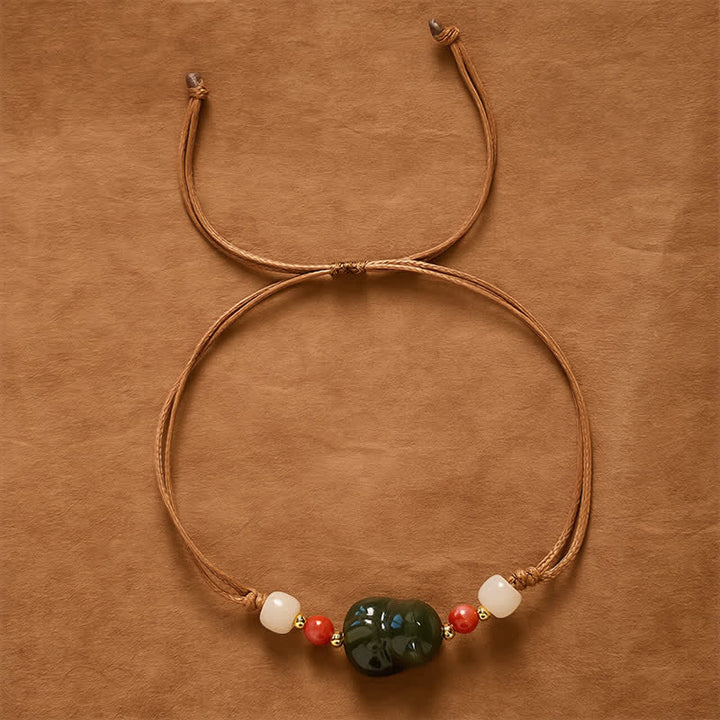 Buddha Stones 天然和田翡翠の猫モチーフ手織り豊穣ブレスレット - image 1