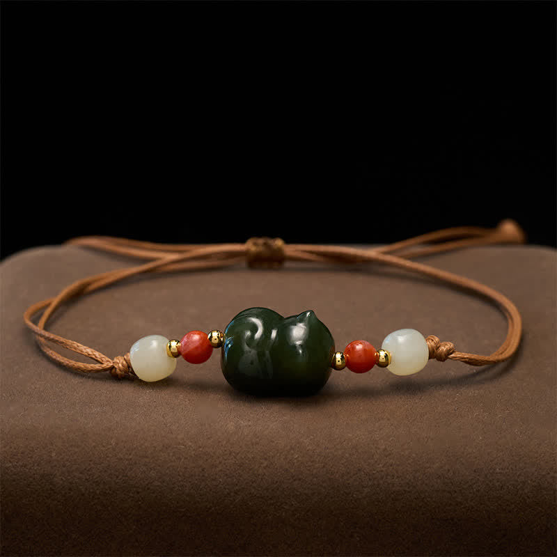 Buddha Stones 天然和田翡翠の猫モチーフ手織り豊穣ブレスレット - image 2