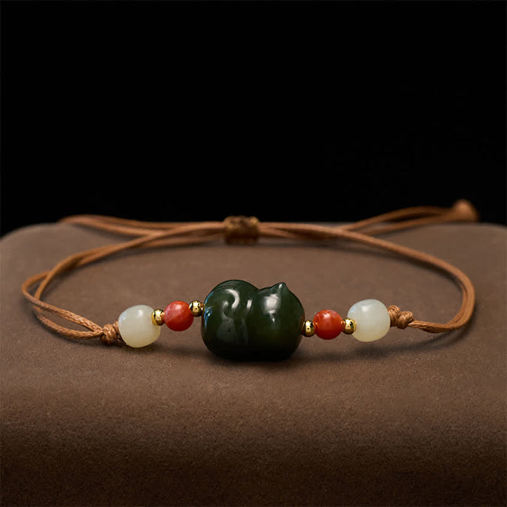 Buddha Stones 天然和田翡翠の猫モチーフ手織り豊穣ブレスレット - image 2