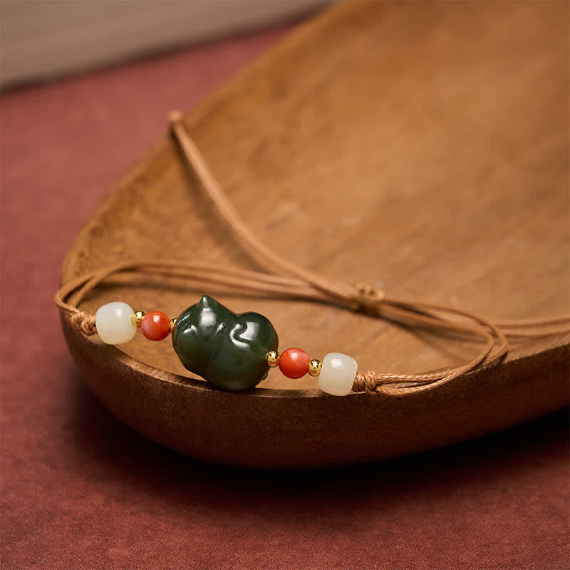 Buddha Stones 天然和田翡翠の猫モチーフ手織り豊穣ブレスレット - image 3