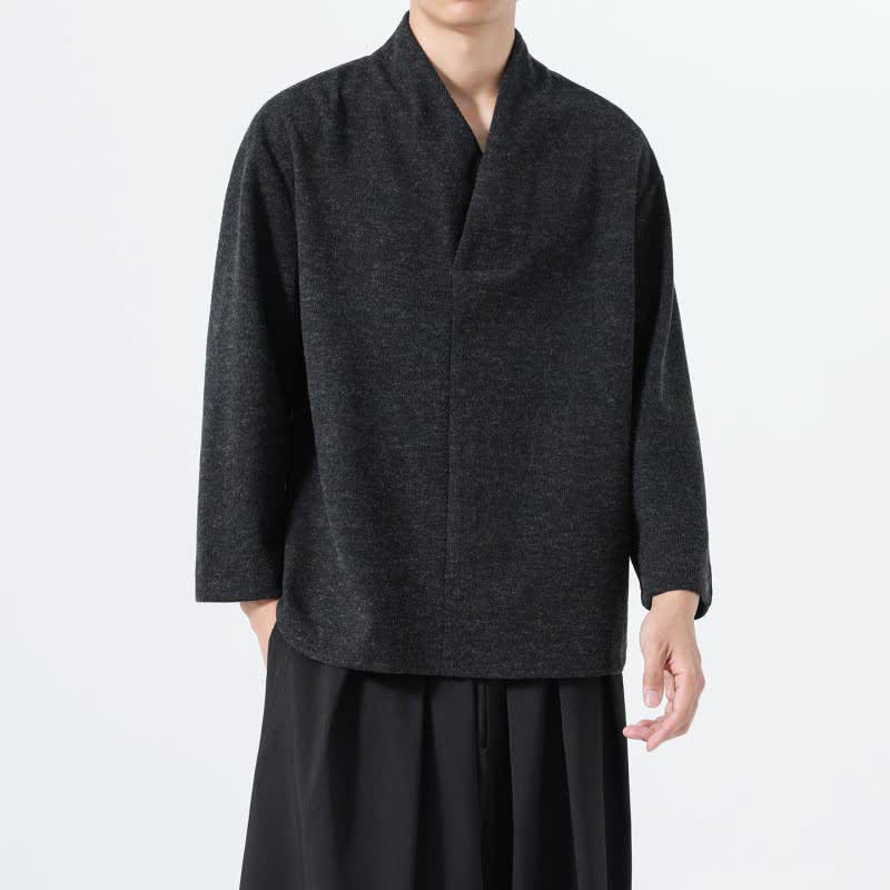 Buddha Stones 秋冬向けミニマルカジュアル無地Vネックメンズ長袖Tシャツ - image 17