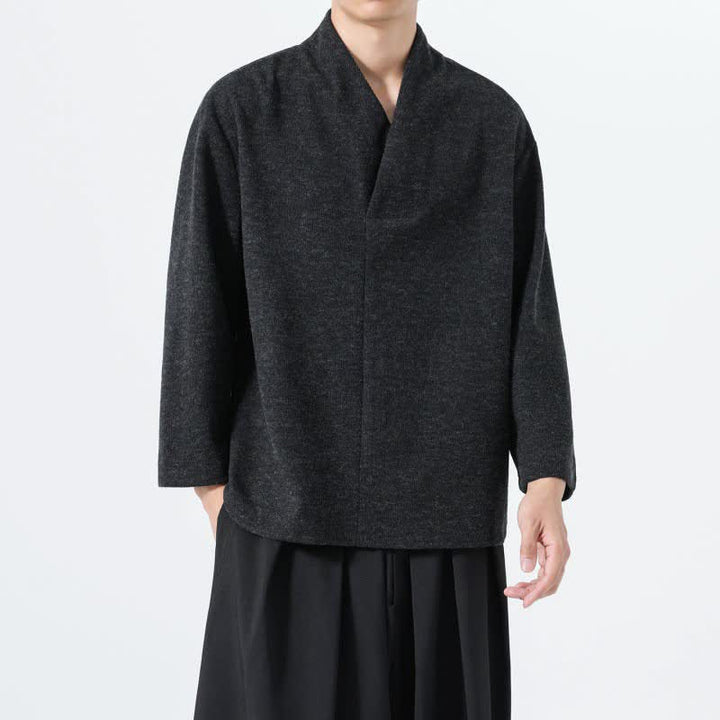 Buddha Stones 秋冬向けミニマルカジュアル無地Vネックメンズ長袖Tシャツ - image 17