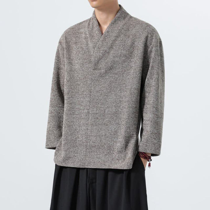 Buddha Stones 秋冬向けミニマルカジュアル無地Vネックメンズ長袖Tシャツ - image 2