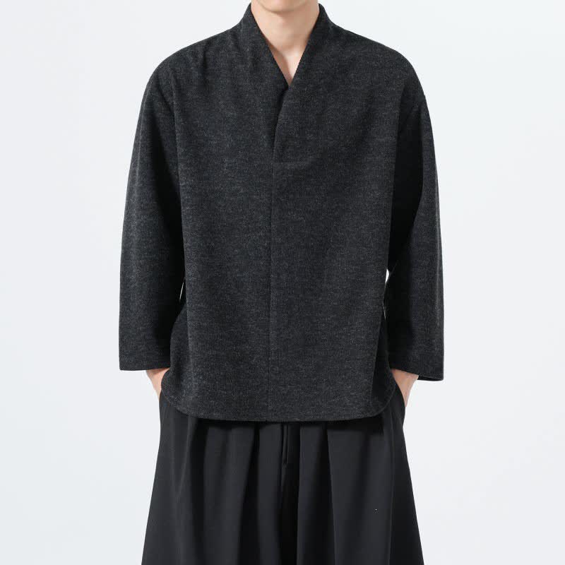 Buddha Stones 秋冬向けミニマルカジュアル無地Vネックメンズ長袖Tシャツ - 黒 - US/UK/AU46、 EU56 (5XL) - image 15