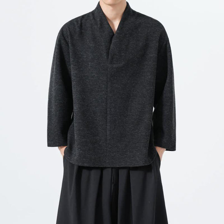 Buddha Stones 秋冬向けミニマルカジュアル無地Vネックメンズ長袖Tシャツ - 黒 - US/UK/AU46、 EU56 (5XL) - image 15