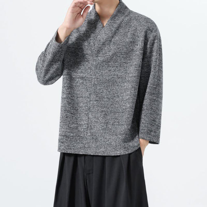 Buddha Stones 秋冬向けミニマルカジュアル無地Vネックメンズ長袖Tシャツ - image 9