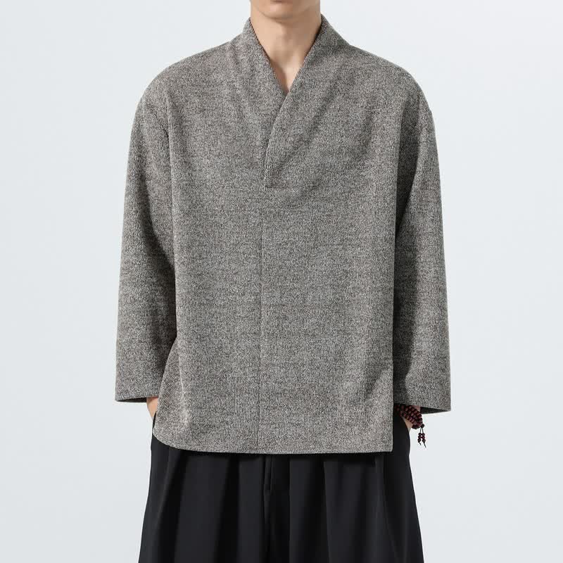 Buddha Stones 秋冬向けミニマルカジュアル無地Vネックメンズ長袖Tシャツ - タン - US/UK/AU46、 EU56 (5XL) - image 0