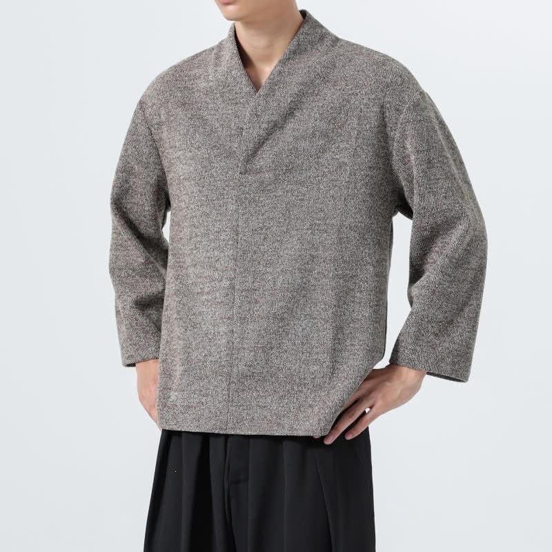 Buddha Stones 秋冬向けミニマルカジュアル無地Vネックメンズ長袖Tシャツ - image 4