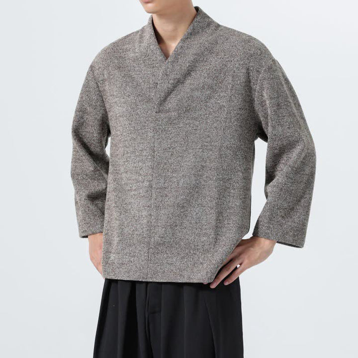 Buddha Stones 秋冬向けミニマルカジュアル無地Vネックメンズ長袖Tシャツ - image 4