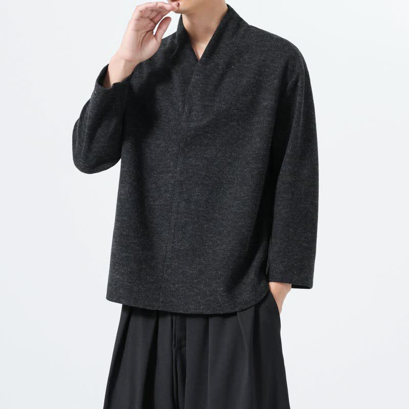 Buddha Stones 秋冬向けミニマルカジュアル無地Vネックメンズ長袖Tシャツ - image 19