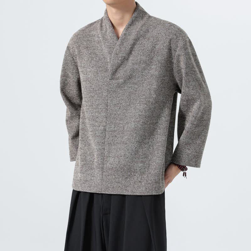 Buddha Stones 秋冬向けミニマルカジュアル無地Vネックメンズ長袖Tシャツ - image 3