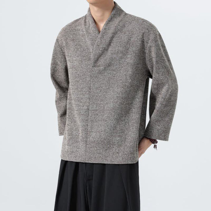 Buddha Stones 秋冬向けミニマルカジュアル無地Vネックメンズ長袖Tシャツ - image 3