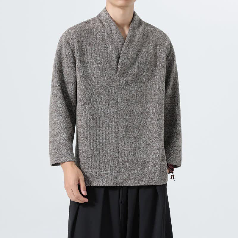 Buddha Stones 秋冬向けミニマルカジュアル無地Vネックメンズ長袖Tシャツ - image 1