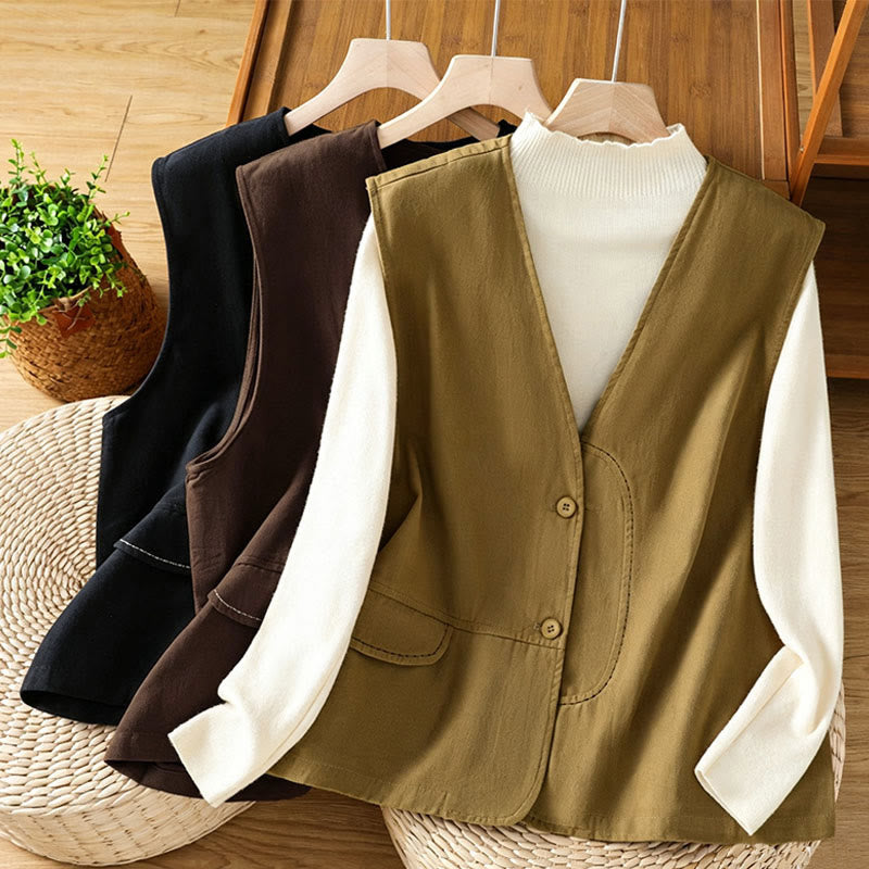 Buddha Stones 夏物カジュアルミニマリストVネックボタンアップ無地タンクトップレディースベストポケット付き - image 21