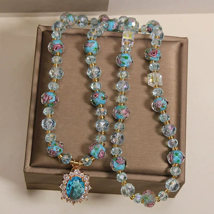 Buddha Stones ブルーリュリガラスビーズ花柄オーバルチャームトリプルラップクラリティブレスレット - image 4