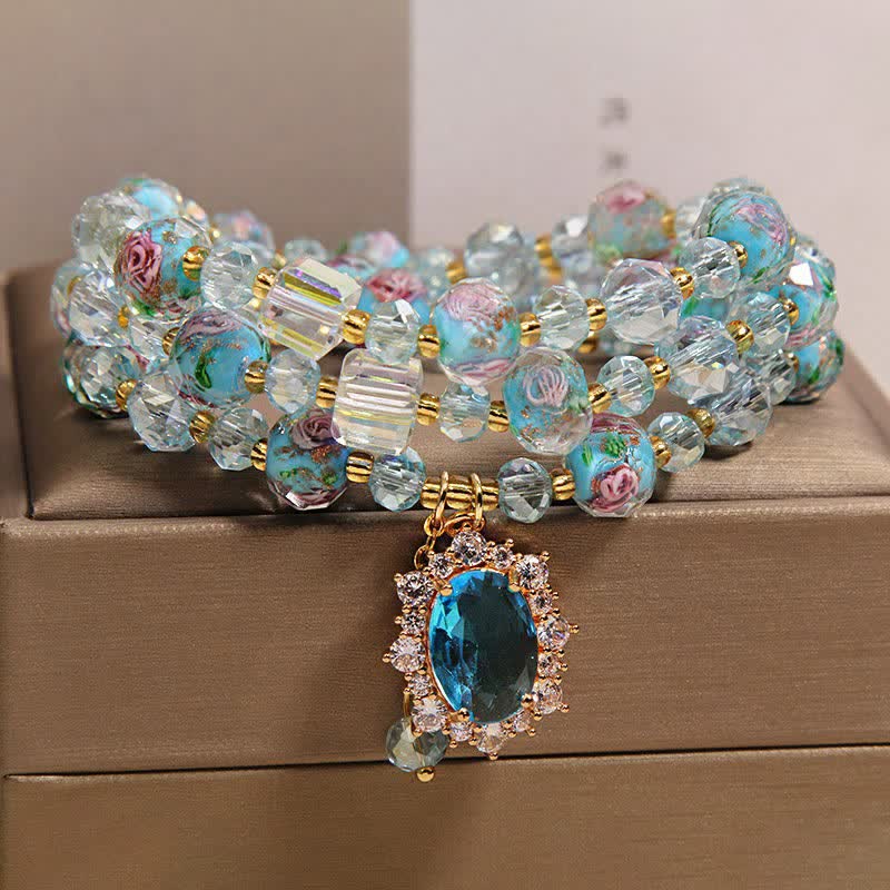 Buddha Stones ブルーリュリガラスビーズ花柄オーバルチャームトリプルラップクラリティブレスレット - image 8