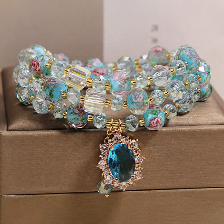 Buddha Stones ブルーリュリガラスビーズ花柄オーバルチャームトリプルラップクラリティブレスレット - image 8