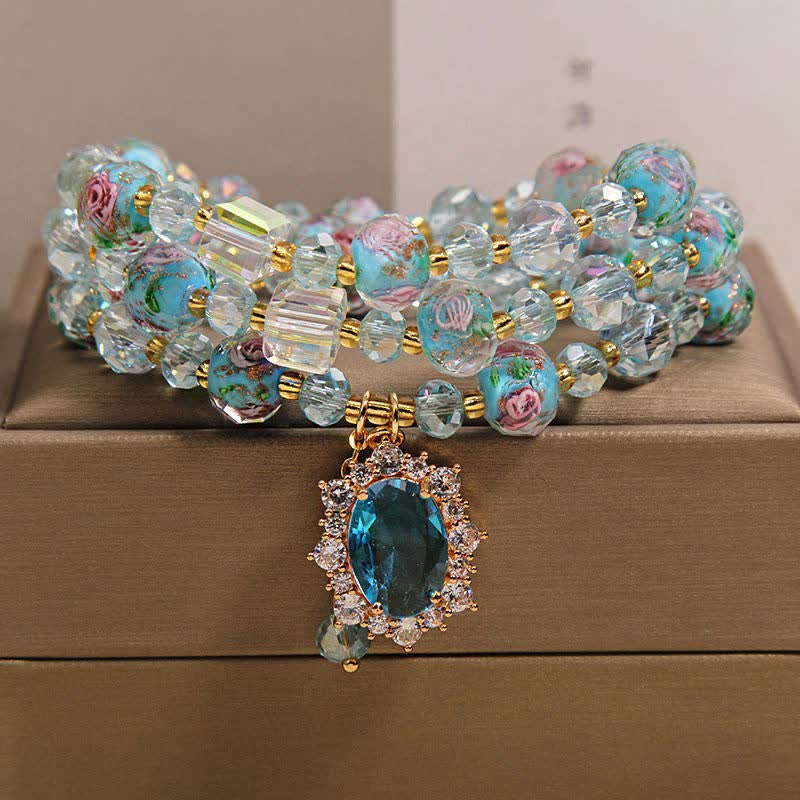 Buddha Stones ブルーリュリガラスビーズ花柄オーバルチャームトリプルラップクラリティブレスレット - 5.9～6.3インチ / 15～16cm - image 0