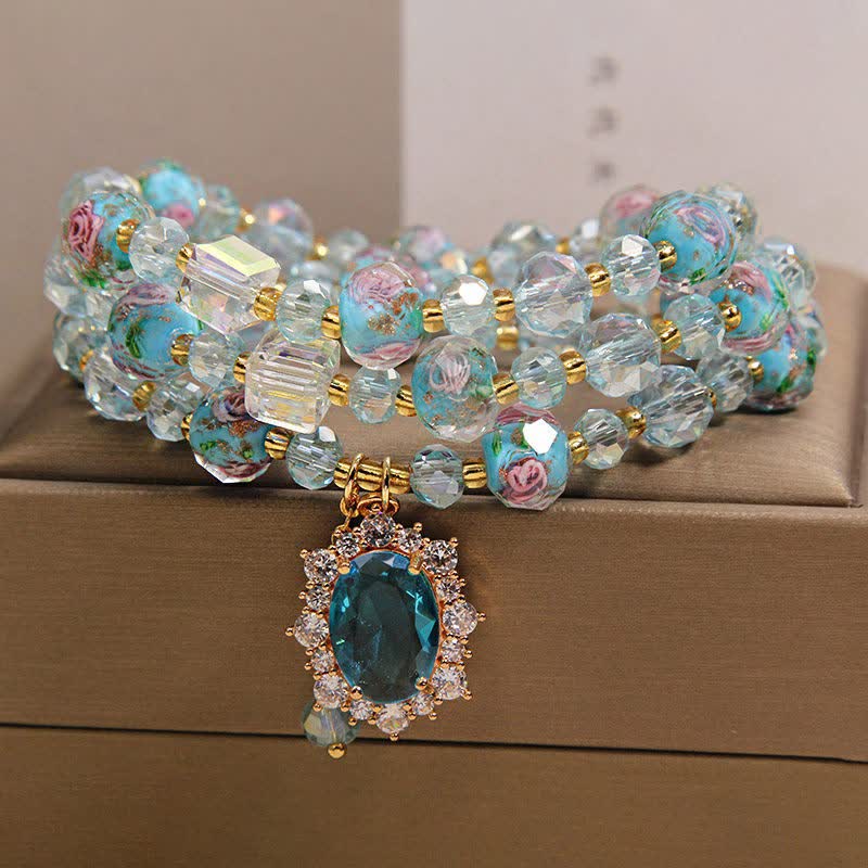 Buddha Stones ブルーリュリガラスビーズ花柄オーバルチャームトリプルラップクラリティブレスレット - image 9