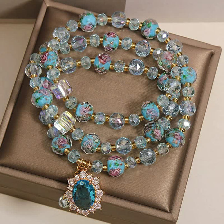 Buddha Stones ブルーリュリガラスビーズ花柄オーバルチャームトリプルラップクラリティブレスレット - image 2