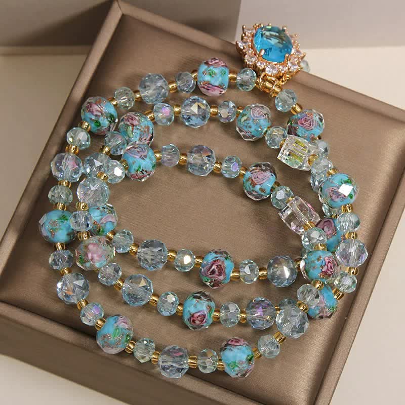 Buddha Stones ブルーリュリガラスビーズ花柄オーバルチャームトリプルラップクラリティブレスレット - image 3