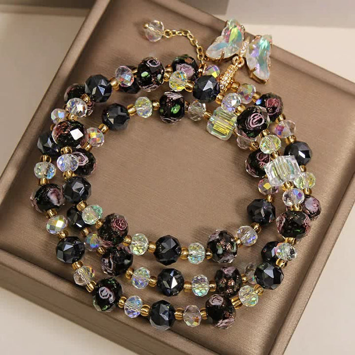 Buddha Stones ブラックリュリガラスビーズ ローズバタフライチャーム トランスフォーメーション トリプルラップブレスレット - image 2