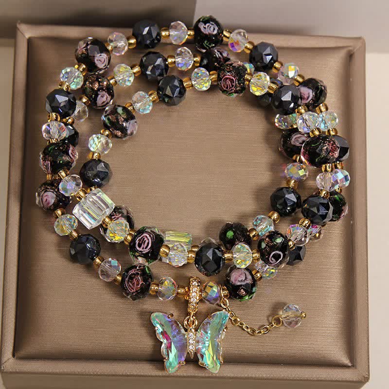 Buddha Stones ブラックリュリガラスビーズ ローズバタフライチャーム トランスフォーメーション トリプルラップブレスレット - image 1