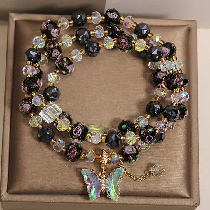 Buddha Stones ブラックリュリガラスビーズ ローズバタフライチャーム トランスフォーメーション トリプルラップブレスレット - image 1
