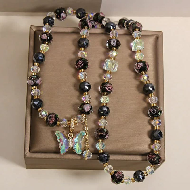 Buddha Stones ブラックリュリガラスビーズ ローズバタフライチャーム トランスフォーメーション トリプルラップブレスレット - image 4