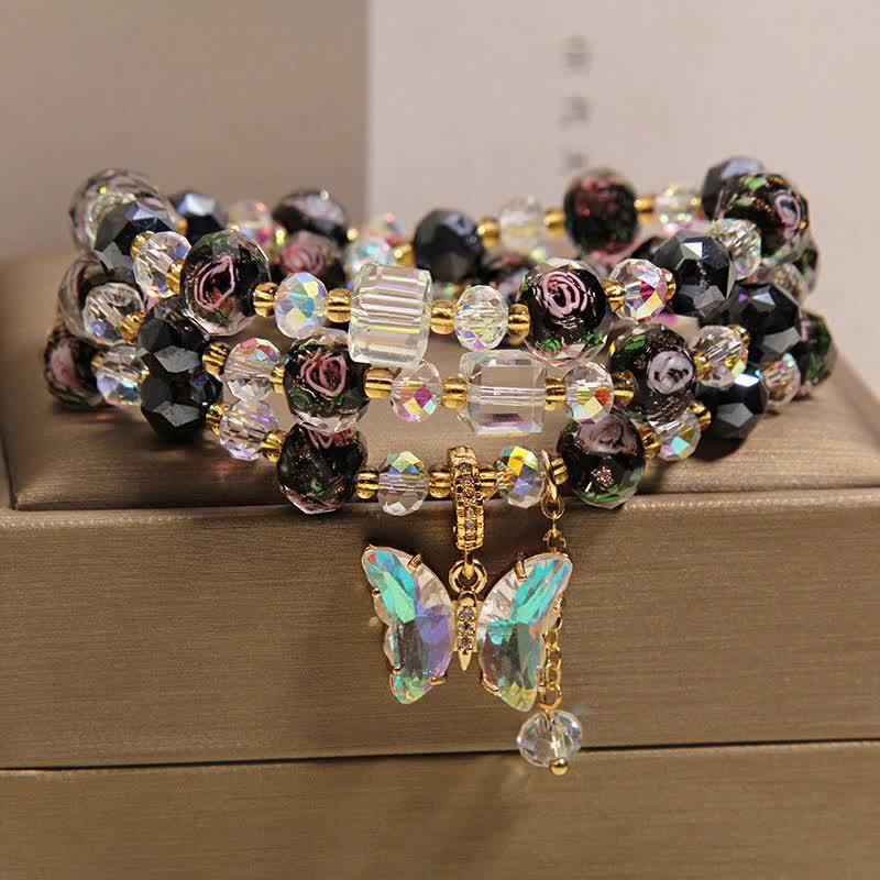 Buddha Stones ブラックリュリガラスビーズ ローズバタフライチャーム トランスフォーメーション トリプルラップブレスレット - 蝶（変身♥愛） - image 0