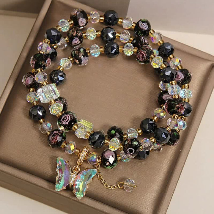 Buddha Stones ブラックリュリガラスビーズ ローズバタフライチャーム トランスフォーメーション トリプルラップブレスレット - image 3