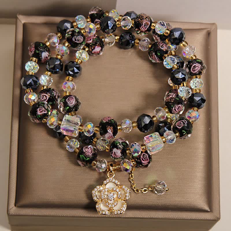 Buddha Stones ブラックリュウリガラスビーズフラワーカメリアチャームハーモニックコネクションブレスレット - image 1