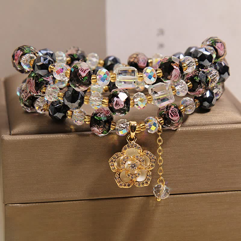 Buddha Stones ブラックリュウリガラスビーズフラワーカメリアチャームハーモニックコネクションブレスレット - image 8
