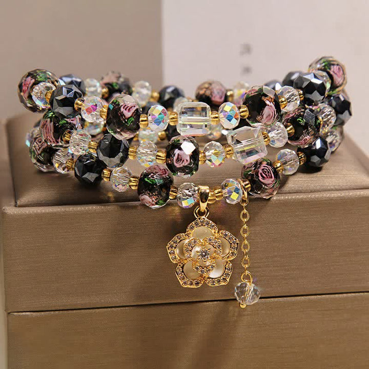 Buddha Stones ブラックリュウリガラスビーズフラワーカメリアチャームハーモニックコネクションブレスレット - image 8
