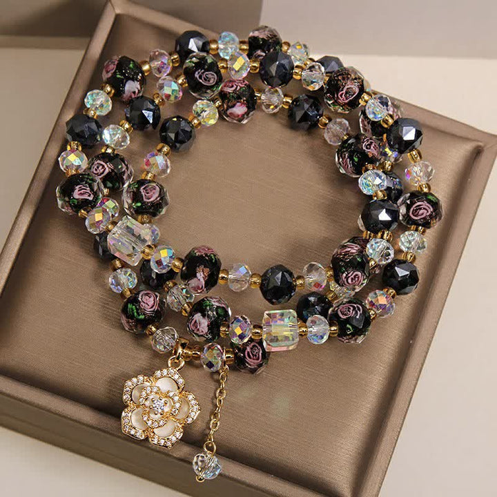 Buddha Stones ブラックリュウリガラスビーズフラワーカメリアチャームハーモニックコネクションブレスレット - image 3