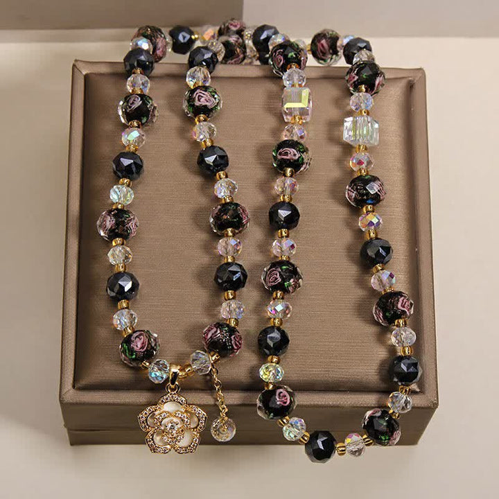 Buddha Stones ブラックリュウリガラスビーズフラワーカメリアチャームハーモニックコネクションブレスレット - image 4
